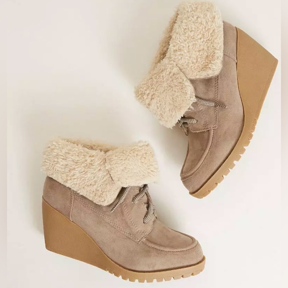 BKE Trench Sole Taupe Brown Textile Wedge Heel Ankle Booties Size 7